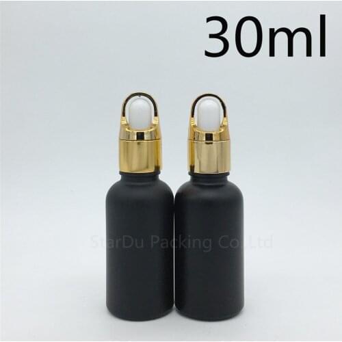 240pcs 30ml black frosted glass essential oil bottle gold Flower basket ring dropper 30cc glass perfume bottle