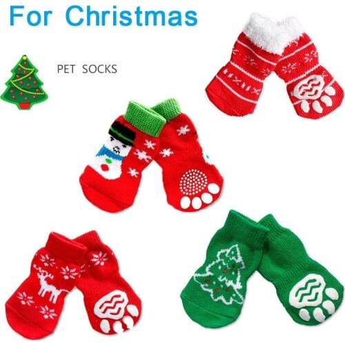 4Pcs/set Anti-Slip Pet Dog Socks Knit Socks Winter Socks Thick Warm Paw Protector Dog Socks Booties for Christmas holiday