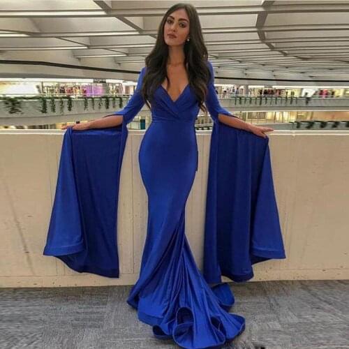 Cheap Royal Blue Mermaid Evening Dresses V Neck Split Long Sleeves Prom Gowns Custom Made Satin Sexy Special Occasion Dresses