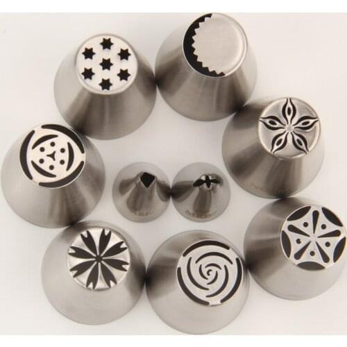 Free Shipping 9pcs Stainless Steel Cake Decorating Piping Tips DIY Cupcake Nozzles set with Tri-color coupler RF002