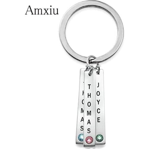 Amxiu Personalized Name Keychain 925 Sterling Silver Bar Keychains Engrave 1-3 Names Key Chains For Men Women Keys Accessories