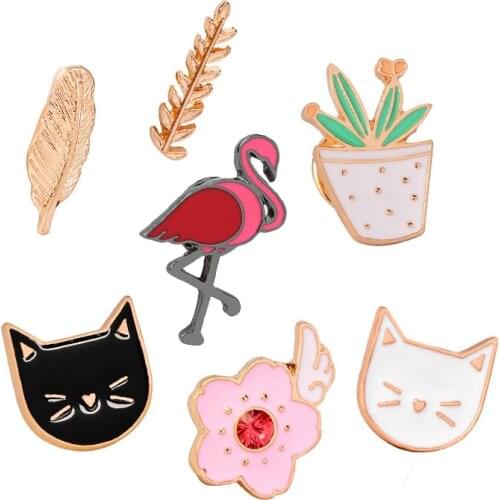 Cartoon Cute Black White Cat Flamingo Brooches Plant Leaf Flowers Enamel Pins Exquisite Bag Button Badges Shirts Lapel Pin Gifts