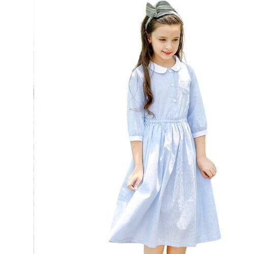 News Child Kids Girl Dress Doll Collar Fall Navy Blue Striped Cotton Preppy Style Striped Long Sleeve TUTU Dresses For Girl 3-14