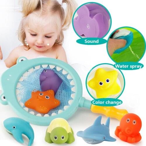 Squeeze Fishing Bathing Toys Network Bag Pick up Fish Kids Swimming Classes Play Water Bath Doll Temperature discoloration toys