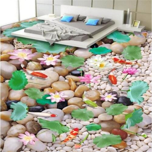 Customized floor 3D waterproof non-slip floor paper bathroom living room decoration wall sticker lotus carp self-adhesive mural