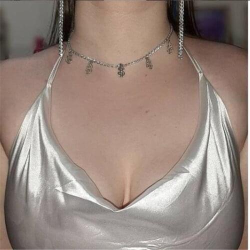 Fine Chic Crystal Inlay Chain Chokers Classic Punk Geometric Silver Color Dollar Sign Pendant Necklaces For Women Girls Jewelry