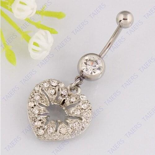 Belly button ring body piercing clear rhinestone heart Navel jewelry belly ring 14G 316L surgical steel bar Nickel-free