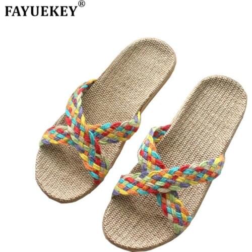 FAYUEKEY 2020 Summer Women Home Slippers Ladies Candy Color Flax Indoor Floor Bedroom Beach Sandals Slides Flat Shoes