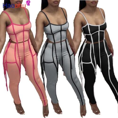 HAOOHU Summer Set Tassel Solid Sleeveless Spaghetti Strap Low Collar Crop Tops Sheath Elastic Ankle-length Pants 2 Piece Sets