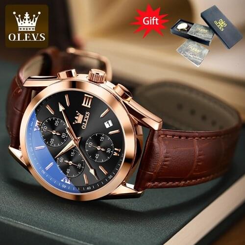 2021 OLEVS Mens Casual Sports Watch Top Brand Luxury Quartz Watch Military Leather Waterproof Sports Chronograph Mens Watch