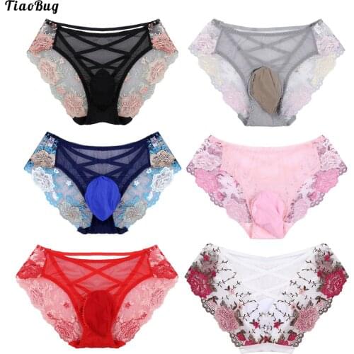 TiaoBug Men See-Through Embroidered Lingerie Briefs Sissy Gay Underwear Bulge Pouch Hollow Out Cross Back Low Rise Underpants