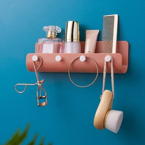 Wall Mounted Storage Rack with 4 Hooks Shelf Adhesive Punch Free Innovative Hook Shelf for Corridor Walls Kitchens DA