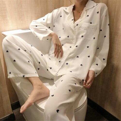 Pajamas Women Long-sleeved Trousers Pink White Home clothes Two-Piece Suit Female 2021 New Spring /Summer