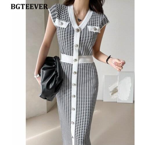 BGTEEVER Chic V-neck Bird Lattice Women Single-breasted Bodycon Dress Elegant Short Sleeve Female Knitting Dress Summer 2021