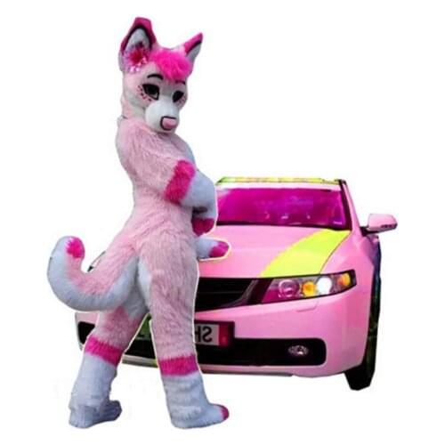 Sexy Professional Long Fur Pink Husky Mascot Costume Fox Dog Cosplay Fancy Suit Handmade Cartoon Character Mascot Costume Gift