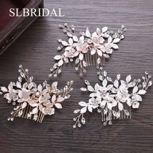 SLBRIDAL Handmade Crystal Rhinestones Flower Leaf Wedding Jewelry Hair Comb Bridal Headpieces Hair Accessories Bridesmaids Women