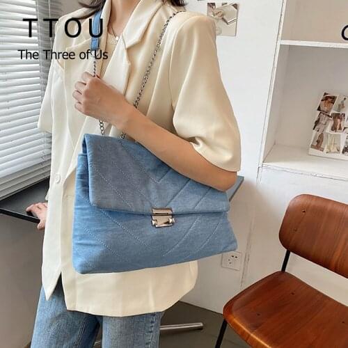V Shaped Quilted Blue Denim Shoulder Messenger Bags For Women 2021 Summer New Trend Crossbody Bags Vintage Chain Female Handbags
