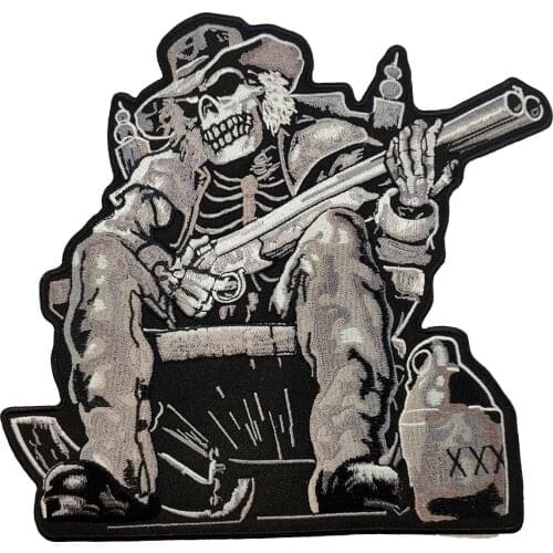 Iron Patches For Clothing Hand With Gun Skull Vest Motorcycle Embroidered Iron On Back Of Jacket Patch DIY Black Twill Fabric