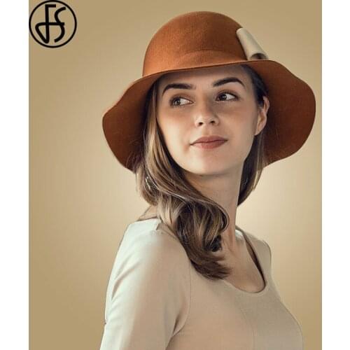 FS Wool Fedora Hat Women Solid Wide Brim Felt Hats Vintage Blue Orange Pink Formal Dress Wedding Church Winter Cloche Hats