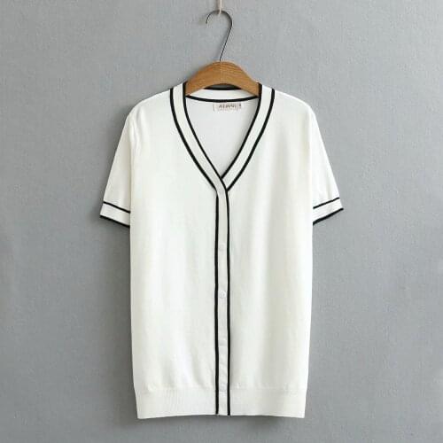 Plus size white black Navy Elasticity knitted women tshirts 2021 summer casual ladies V-Neck Short sleeve t shirts female tops