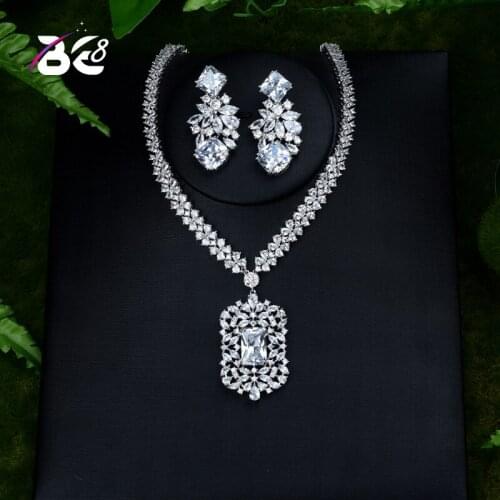Be 8 Trendy Wedding Necklace Earrings for Women Accessories White Cubic Zirconia Bridal Jewelry Sets Pendant Mujer moda S387