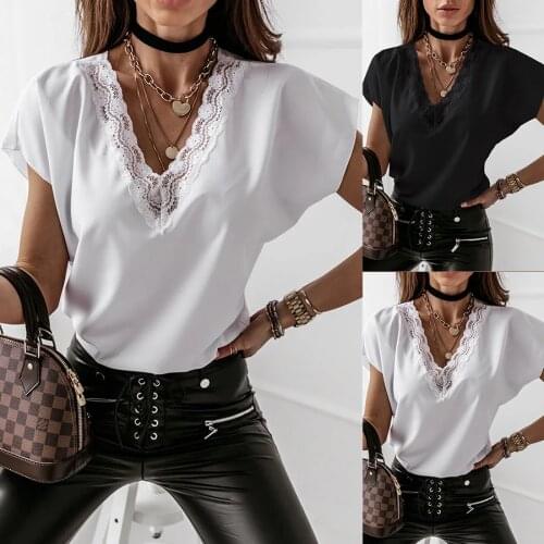 Womens Top Summer Solid Color T-Shirts Lace Stitching V-Neck Short Sleeve Casual Loose Thin T Shirts Y2K Ropa Mujer Kawaii Tops