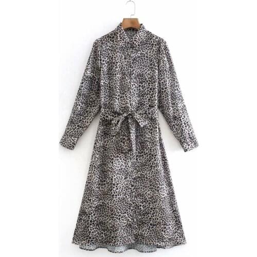 Za Fashion 2021 Women Dress Vintgae Leopard Print Sashes Shirt Dress Long Sleeve Turn Down Collar Mid-Calf Vestidos Mujer
