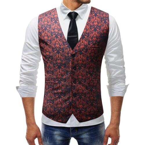 Mens Vest Floral Print Man Waistcoat V Neck Slim Fit Wedding Groomsman Clothing Casual Business Jacket Vest For Men Clothes