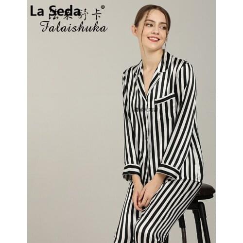 19 Momme 100% genuine silk pajamas sets women sleepwear Korean sexy striped Mulberry Silk womens pyjamas T8131_ZB