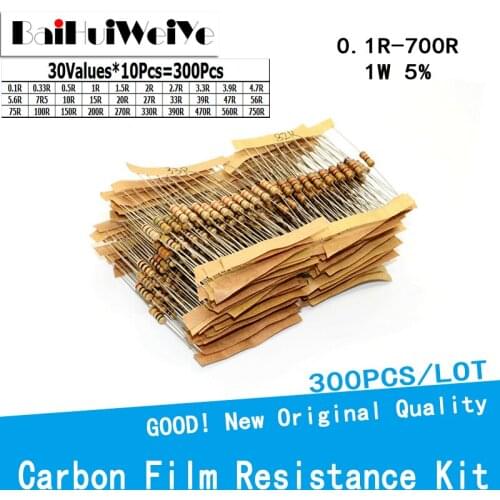 300PCS/LOTE 1W 5% Carbon Film Resistanc Kit 30Values*10Pcs 0.1R To 700R ohm Resistanc Set 0.33R 0.5R 1R 1R5 2R 2R7 3R3 3R9 5R6