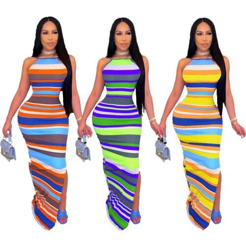 33CY1332 Summer Women Casual Fashion Sexy Skinny Halter Stripes Print Dress Vestidos Plus Size Hot