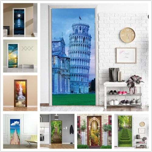 77*200cm Beach Landscape Waterproof Door Sticker Wall Stickers Door Decor Street DIY Self -adhesive Wallpaper Home Design Decals