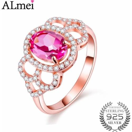 Almei 1.5ct Pink Beads Topaz Natural Stone Eternity Rings Original 925 Sterling-Silver-Jewelry Rose Gold Color Box 40% FJ020