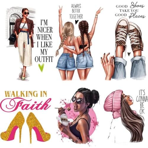 Girl T-Shirt Patch Stickers For Clothes Hoodies Tops Vinyl Thermal Press DIY A-Level Washable Transfer Iron-On Over Powder Patch