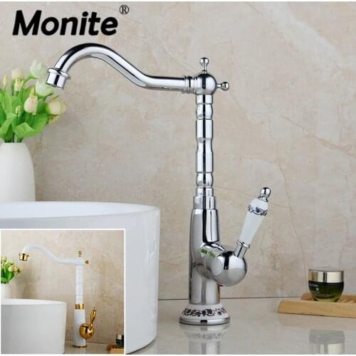 Monite Chrome Swivel Kitchen Faucet Rotated Basin Sink Mixer Tap Solid Brass White Painted Stream Vanity Brass Mixer Tap Faucet