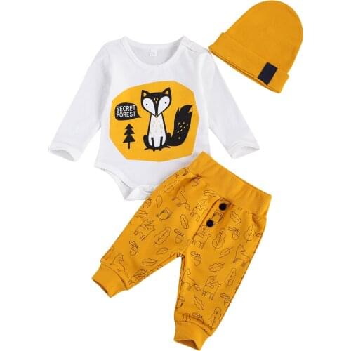 2020 New Fall Autumn 0-18M Newborn Baby Boy Girl 3Pcs Set Cute Fox Print Long Sleeve Bodysuit+Animals Pants+Knitted Hat Outfit