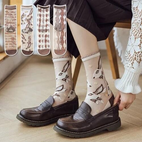 Lace Mori Girl Fashion Petal Stripe Silk Socks Coffee Espresso Brown White Mr Rabbit Head Braid Pigtails Braids Plait Polka Dot