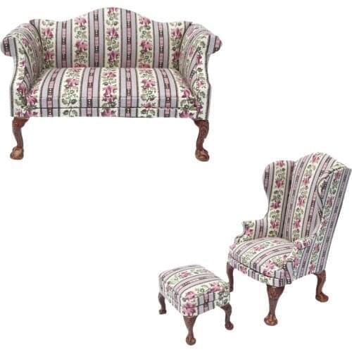 Miniature Wood Mini Upholstered Floral Printed Sofa Furniture 1:12 Dollhouse Living Room Life Scene Decorative DIY