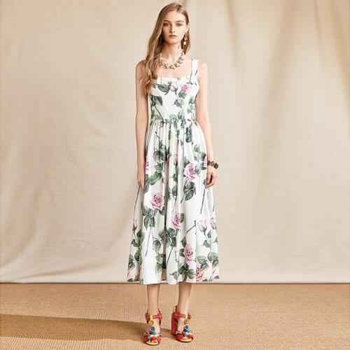 Fashion Runway Summer Elegant Party Dress Women Spaghetti Strap Square Collar Rose Print Lady Vintage Midi Dress