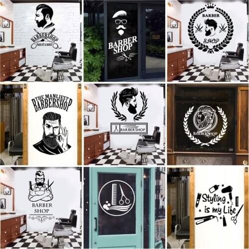 New Design Barbers Shop Decoration Haircut Wall Sticker Custom Shop Window Glass Sticker Art Mural Wall Decals Mens Barbershop