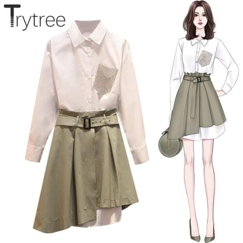Trytree Autumn Winter Two piece set Casual Turn-down Collar Single Breasted Top + Skirt Belt Office Lady Mini Set 2 Piece Set