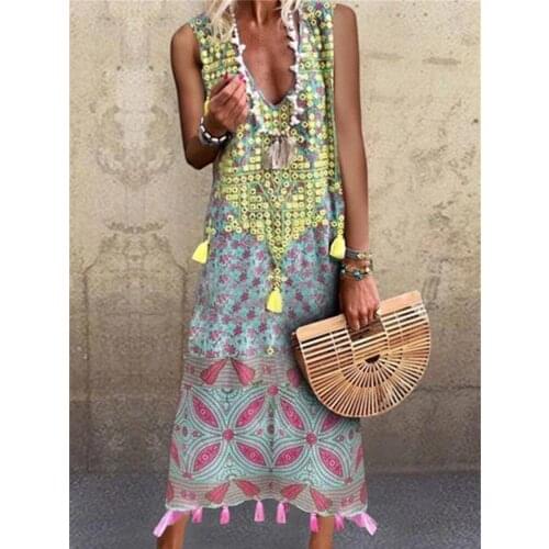 Sexy Beach Women Swimsuit Cover Up Tassel Design Bathing Suit Cover-Ups Tunics Beachwear Boho Style V-Neck Print Long Dress 2021