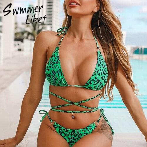 Sexy halter top swimwear women Triangle string bandage swimsuit female High cut bathing suit Lace up bikini 2019 Push up biquini