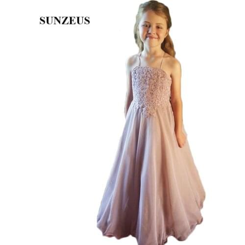 Blush Pink A-Line Chiffon Children Formal Party Dresses Lace Appliques Backless Flower Girls Dresses Long vestido comunion SF35