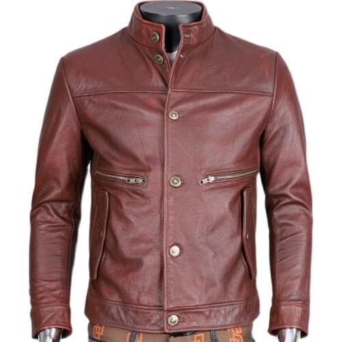 Special Offer! First Layer Cowhide Mens Genuine Leather Jacket Youth Button Slim-Fit Motorcycle Leather Jacket