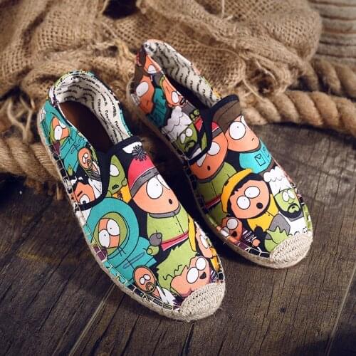 Fashion Men Casual Cartoon Loafers Shoes Flats Graffiti Linen Male Espadrille Canvas Fisherman Shoes Men Flats zapatillas hombre