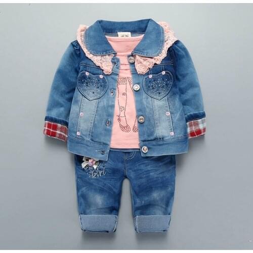 18-24 Months Spring 3 Pcs Set Baby Girls Clothes Sets Coat+Pants+T Shirt Toddler Clothing Kids Jeans Set Long Trousers Jacket