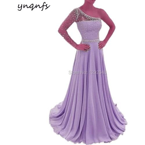 YNQNFS P31 Elegant Chiffon One Shoulder Crystal Dress Evening Party 2019 One Long Sleeve Prom Dresses Lilac Blue Mint Coral Gold