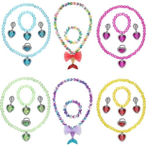 Anna Elsa Little Mermaid Cosplay Jewelry Sets Necklace Eardrop Ring Bracelet Girl Princess Accessories Kids Christmas Party Gift