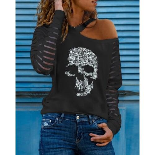 Spring Autumn Women Studded Skull Pattern Top 2021 New Femme Cold Shoulder O-Neck Long Sleeve Elegant Blouse Ladies Clothing